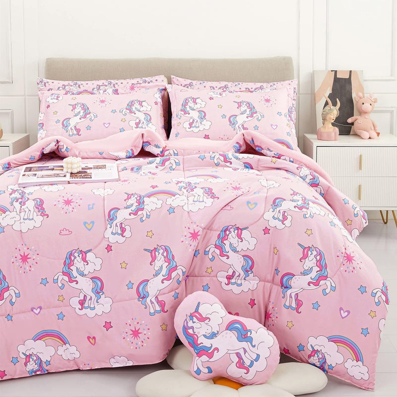 Mooreeke Kids Twin Comforter Sets for Girls 6 Pieces Pink Unicorn Bedding Set for Teens Soft Microfiber Kids Bed in A Bag with Comforter, Sheet Set, Shams and Decorative Toy Pillow All Season - Image 1