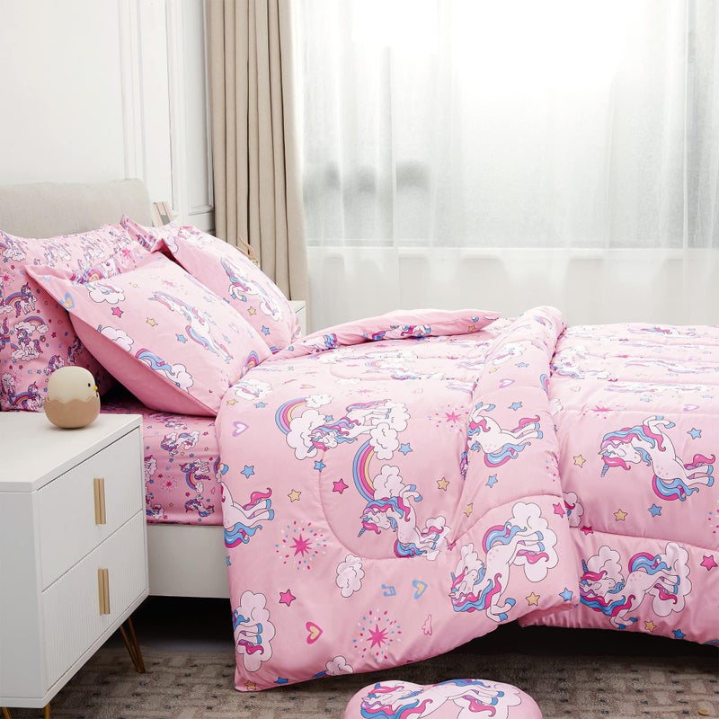 Mooreeke Kids Twin Comforter Sets for Girls 6 Pieces Pink Unicorn Bedding Set for Teens Soft Microfiber Kids Bed in A Bag with Comforter, Sheet Set, Shams and Decorative Toy Pillow All Season - Image 4