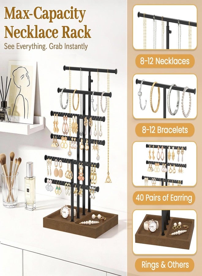 MODOWEY Necklace Holder Organizer Earring Display Stand with Wooden Tray, Metal Adjustable Bracelet Tree Rack for Women Vendor Selling, 6 Tier Tall T Bar Large Storage Tower for Find Jewelry In Second - Image 3