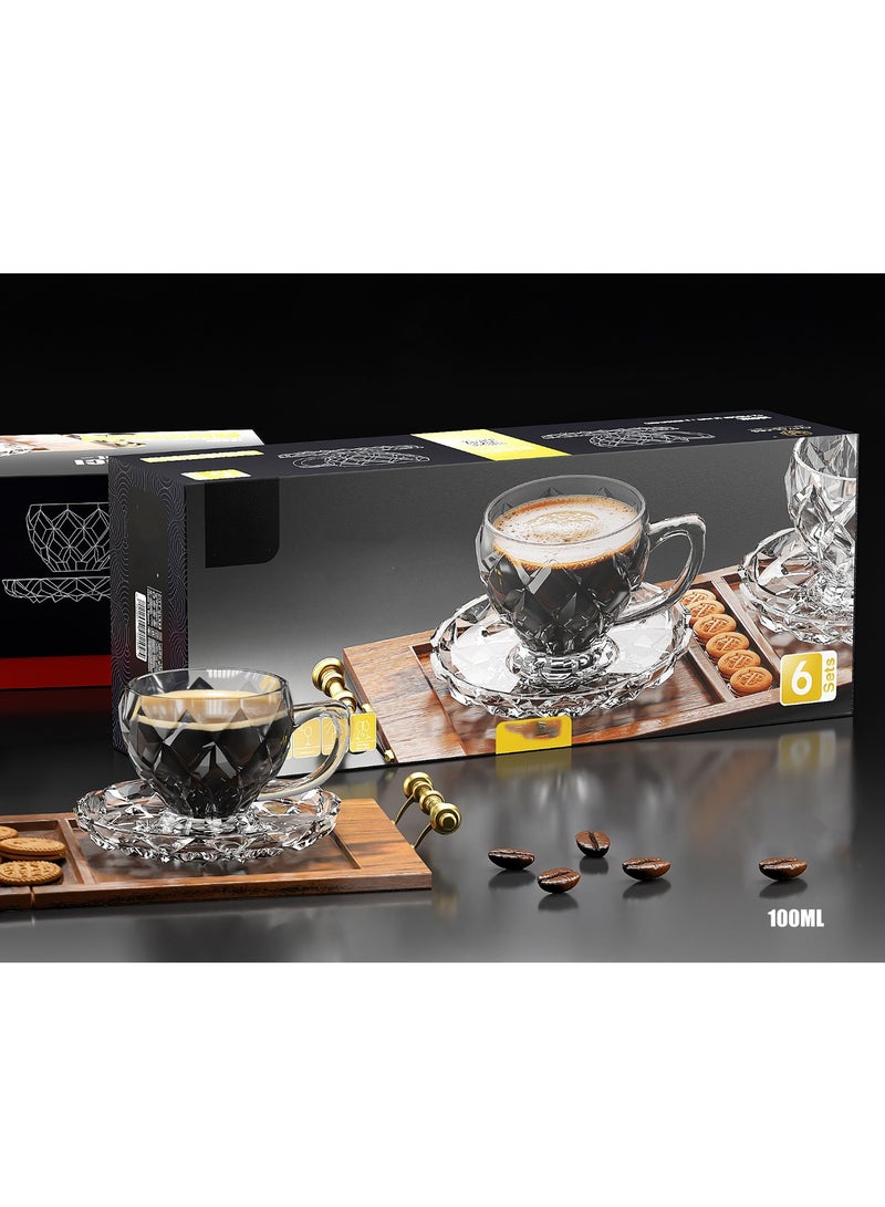 Tea cup and Saucer Set, 100ml - 6 Pack Coffee Mug, Turkish Tea Cup Glasses and Saucers, Cups for Cappuccino Latte Café  - Image 2