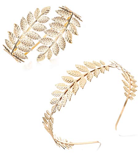 Finrezio Greek Goddess Headband Arm Cuff Bridal Jewelry Set Roman Laurel Leaf Branch Crown Armlet Upper Arm Band Bracelet Adjustable (A:Gold tone) - Image 1