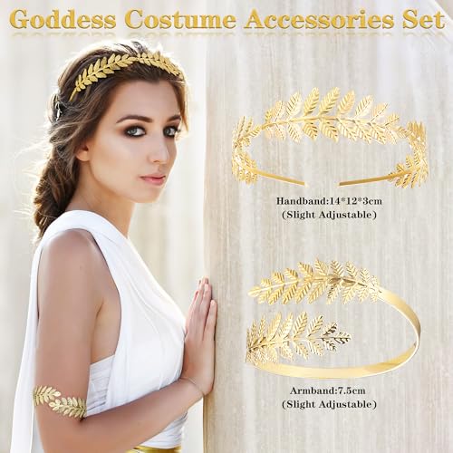 Finrezio Greek Goddess Headband Arm Cuff Bridal Jewelry Set Roman Laurel Leaf Branch Crown Armlet Upper Arm Band Bracelet Adjustable (A:Gold tone) - Image 4
