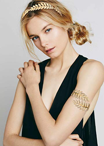 Finrezio Greek Goddess Headband Arm Cuff Bridal Jewelry Set Roman Laurel Leaf Branch Crown Armlet Upper Arm Band Bracelet Adjustable (A:Gold tone) - Image 2