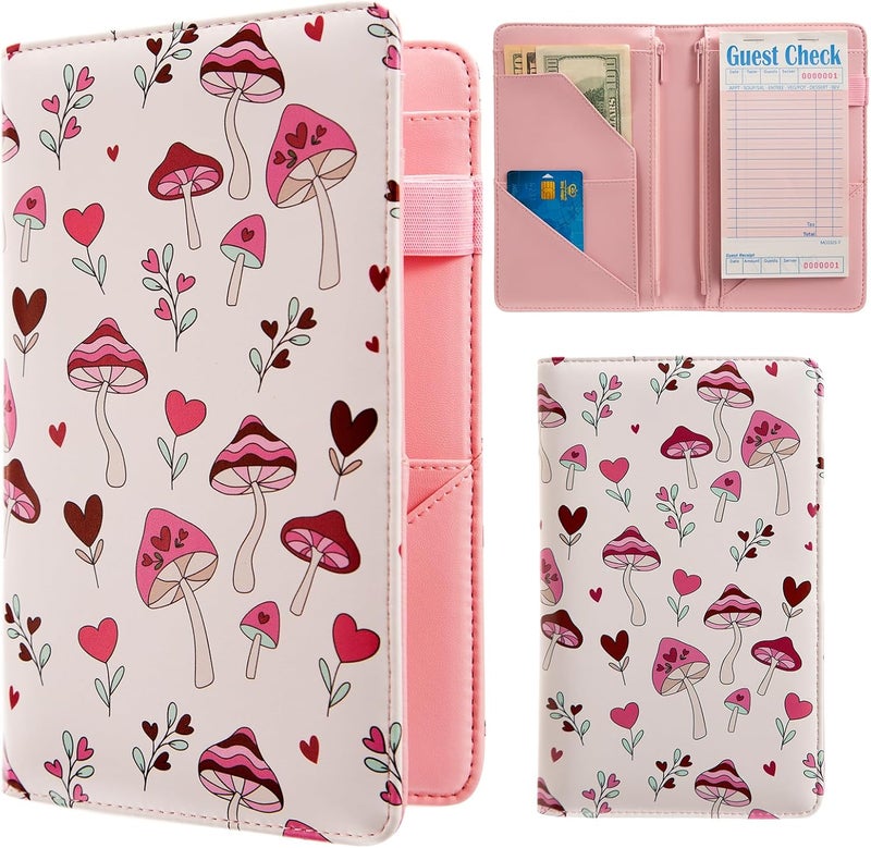 BECEERE Store Pink Server Book, Server Books for Waitress, Waitress Book with 2 Zipper Pocket, Cute Server Book, Server Note Pads Waitress Book with Money Pocket Fit Server Apron (Pink Mushroom) - Image 1