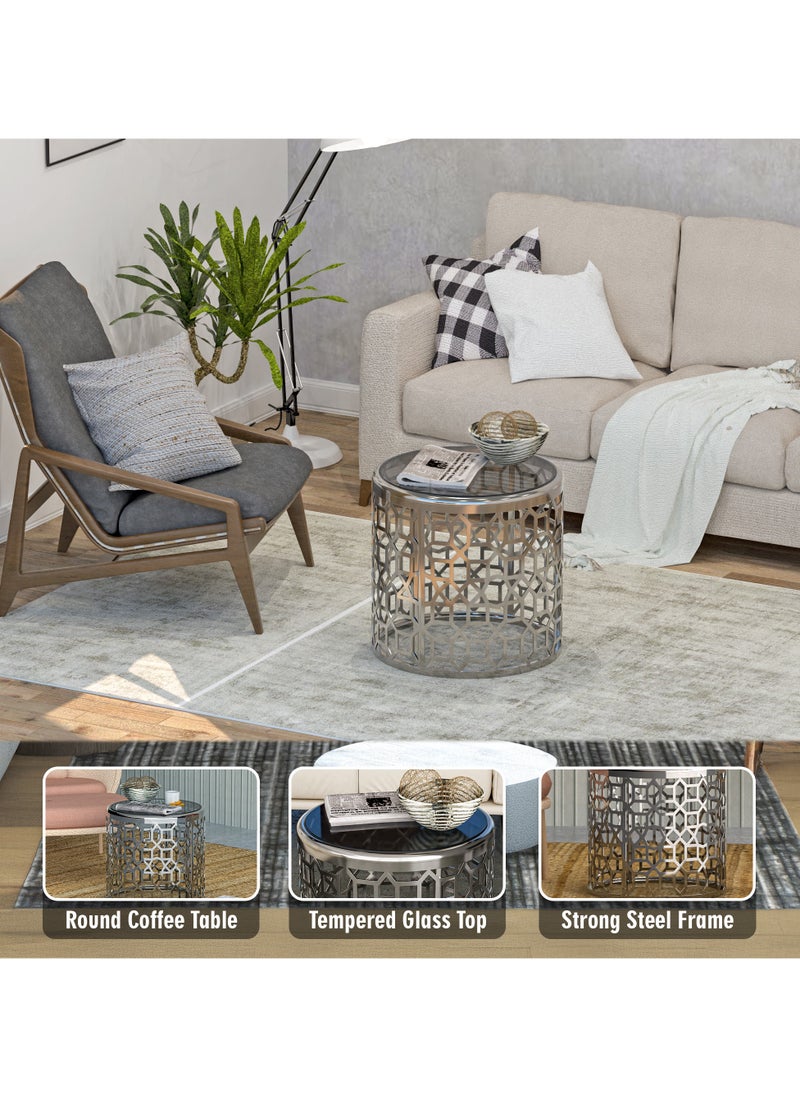 RIGID - Stainless Steel Round Coffee Table with Glass Top  62.5x65x65cm - Image 1
