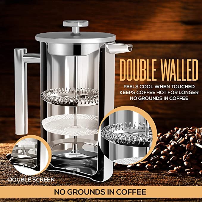 Utopia Kitchen 304 Grade Stainless Steel French Press Coffee Maker 50 Oz, Double Wall Insulated Coffee Press with 4-Level Filtration system, Include 2 Extra Filters, Rust-Free, Dishwasher Safe, Silver - Image 4