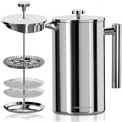 Utopia Kitchen 304 Grade Stainless Steel French Press Coffee Maker 50 Oz, Double Wall Insulated Coffee Press with 4-Level Filtration system, Include 2 Extra Filters, Rust-Free, Dishwasher Safe, Silver - Image 1