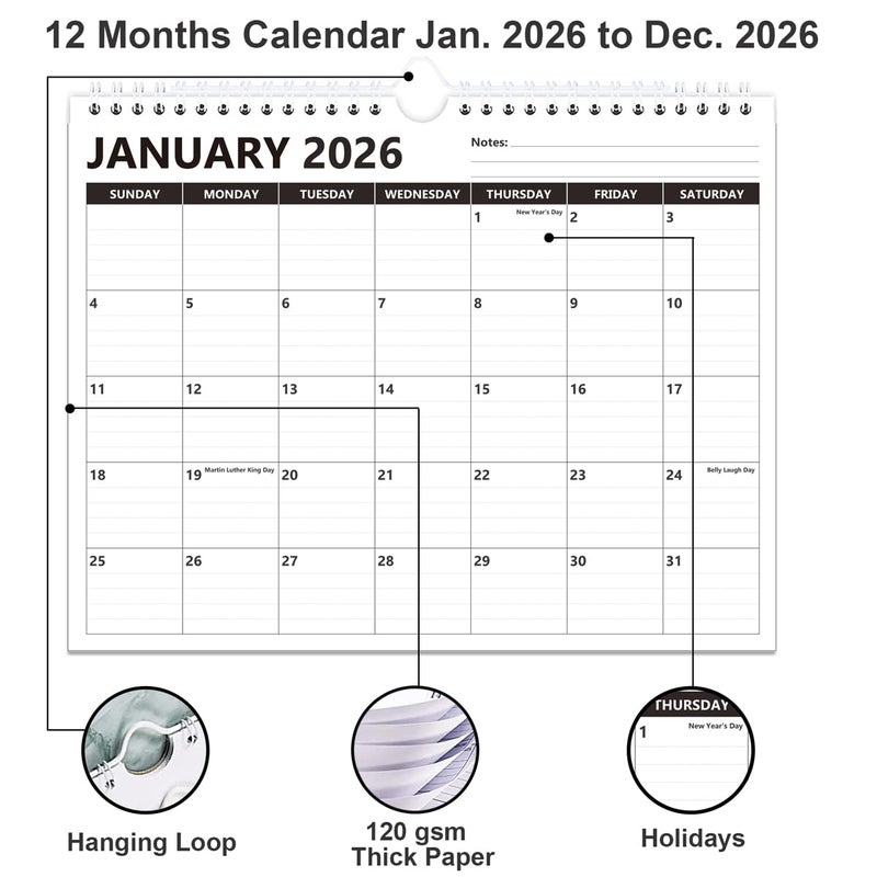 lucilynx 2026 Calendar - Wall Calendar 2026 Runs from January to December 2026, 12 Months Calendar with Thick Paper for Planning at Home or Office, 8.5 x 11 In, Black - Image 2