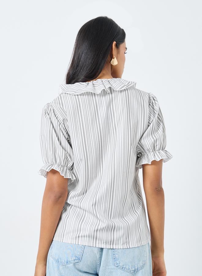 تايك تو بلوزة بأكمام منفوشة مخططة بتفاصيل مكشكشة - Image 4