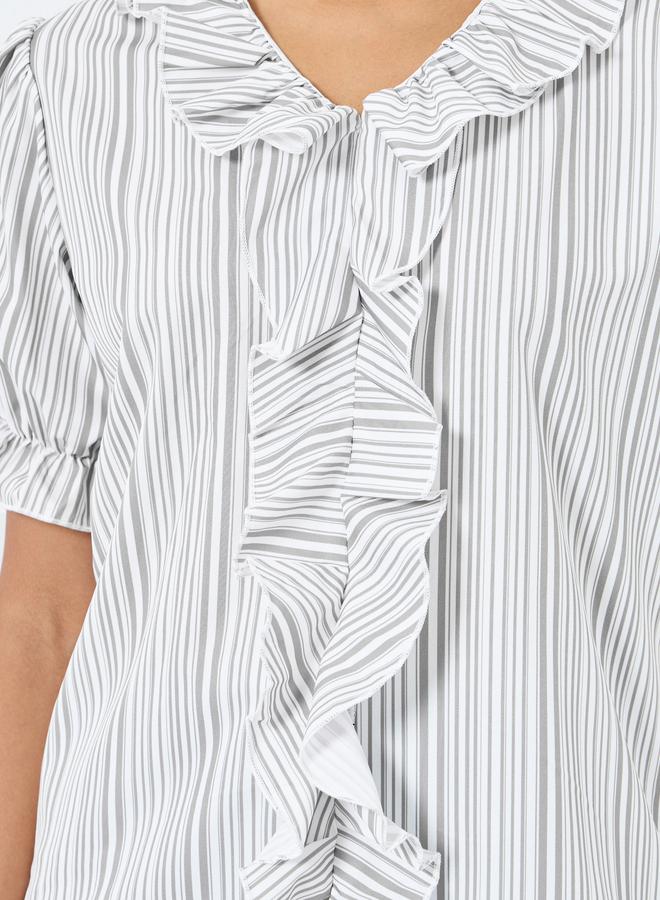 تايك تو بلوزة بأكمام منفوشة مخططة بتفاصيل مكشكشة - Image 3