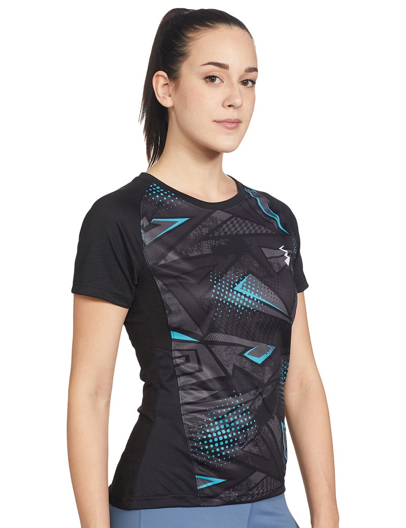 Campus Sutra Women's Black Graphic Printed Dri-Fit Activewear T-Shirt Regular Fit for Casual Wear Structured T-Shirt Crafted with Comfort Fit and High-Performance for Everyday Wear - Image 2