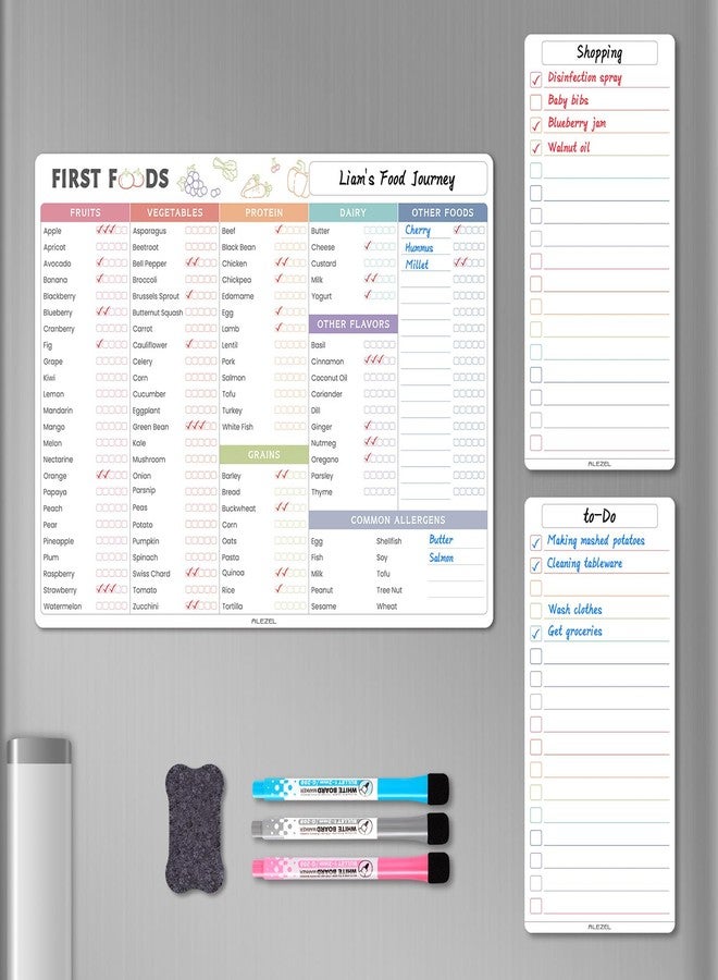 ALEZEL Baby First Food Tracker for Fridge, Magnetic Dry Erase Baby Foods Chart, Includes Foods Checklist Magnet with 2 List Boards, 3 Markers + Eraser - Image 1