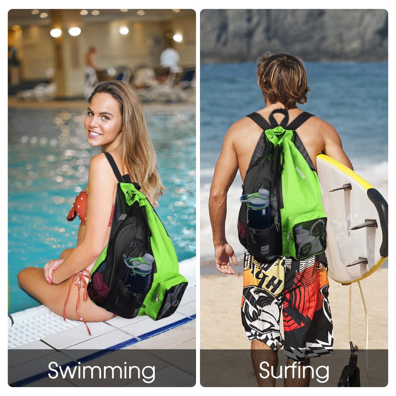 WANDF Swim Bag Mesh Drawstring Backpack with Wet Pocket Beach Backpack for Swimming, Gym, and Workout Gear (Green) - Image 2