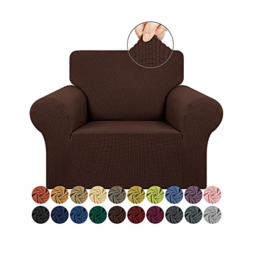 KEKUOU Stretch Single Sofa Slipcover 1 Piece Couch Sofa Cover 3155 Furniture Protector 1 Seater Sofa with Elastic Bottom for KidsPetJacquard Small Checked Pattern FabricSmallChocolate - Image 1