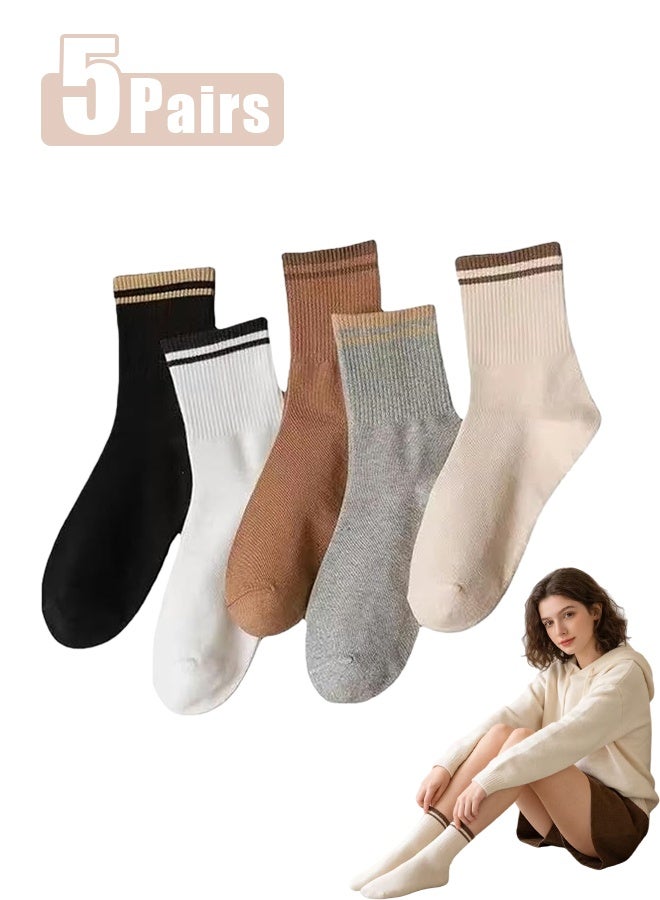 ٥ أزواج - جوارب نسائية بسيطة ومخصصة متوسطة الطول، بتصاميم ربيعية وصيفية رقيقة، جوارب طويلة للزوجين من الطلاب - Image 1