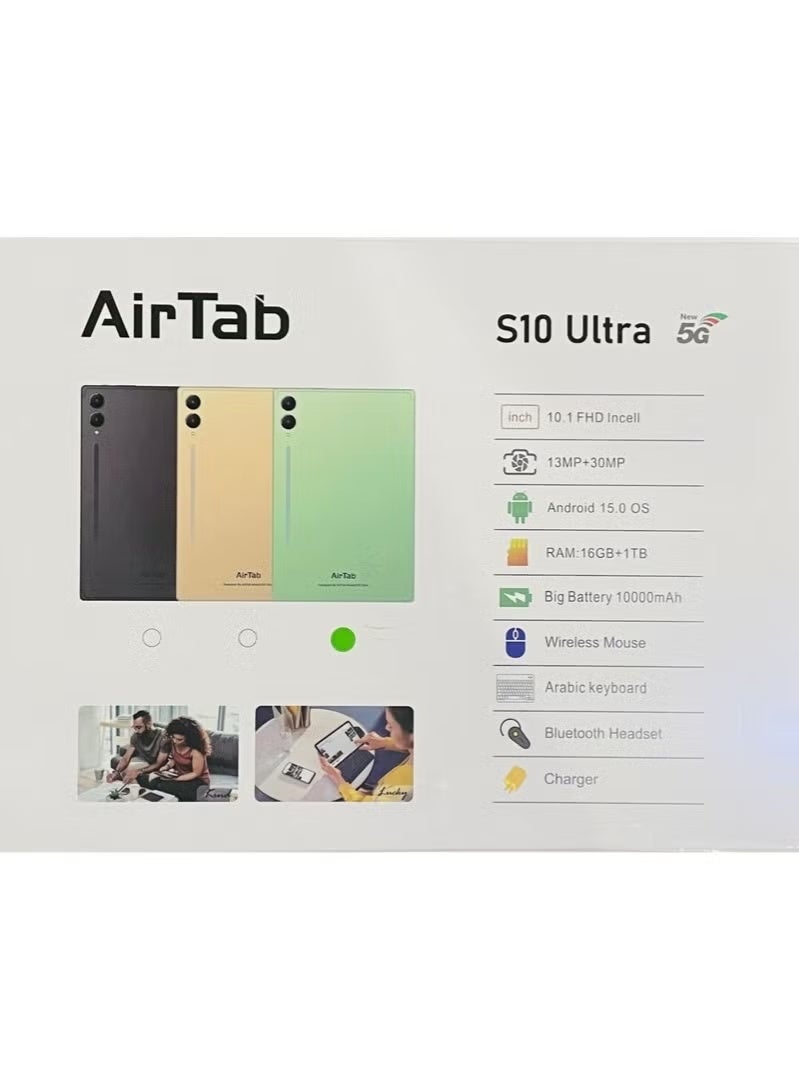 AIR TAB S10 Ultra 10.1 Inch 5G Wi-Fi Android Tablet, 16GB RAM 1TB Storage, 10000mAh Battery, Dual Camera, Face Unlock with Wireless Arabic Keyboard – High Performance Green Tablet - Image 4