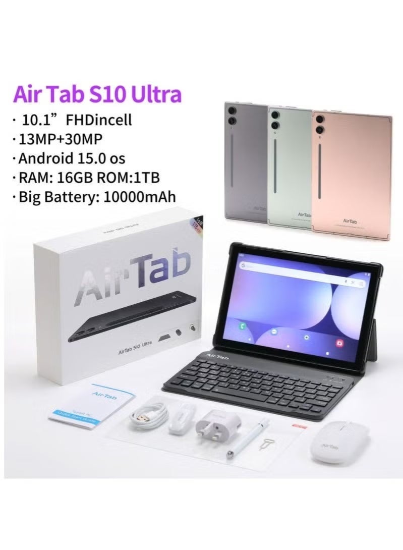 AIR TAB S10 Ultra 10.1 Inch 5G Wi-Fi Android Tablet, 16GB RAM 1TB Storage, 10000mAh Battery, Dual Camera, Face Unlock with Wireless Arabic Keyboard – High Performance Green Tablet - Image 1