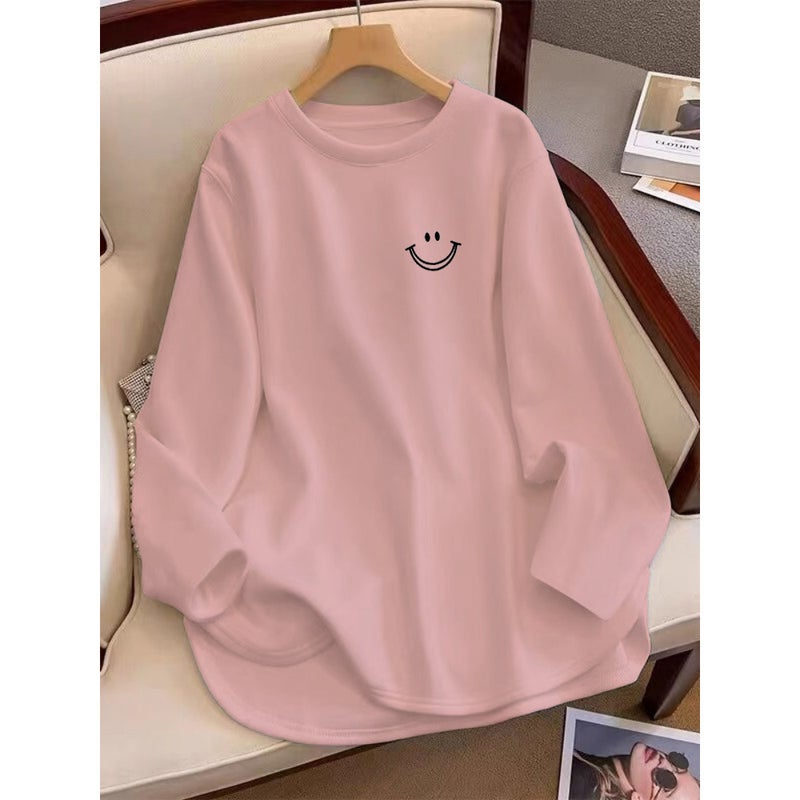 Velvet Mid-length Curved Long-sleeved T-shirt Womens Spring Autumn and Winter Inner Base Shirt Scrub Thickened Loose Slimming Top pink [Double Line Smiley-Black]]
