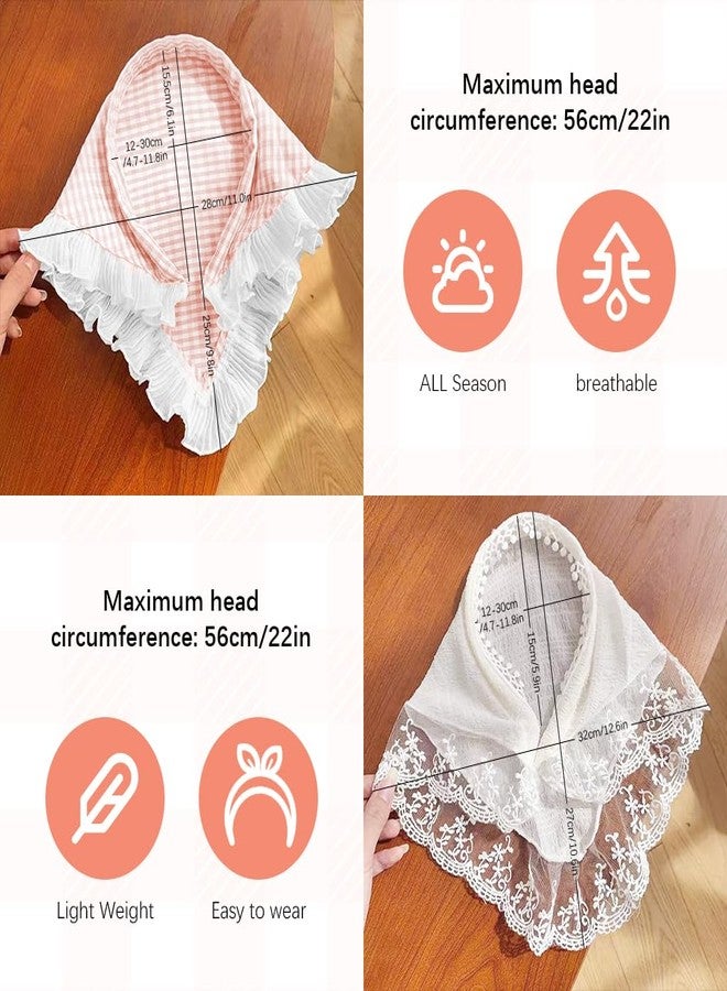 MAYCREATE® 2Pcs Headwear for Girls Stylishly Sweet Lace Headpieces Headscarf Headbands Lovely White Lace Headband Pink Plaid Bow Countryside Headscarf for Girls Fashion Hair Bandanas Headpieces - Image 2