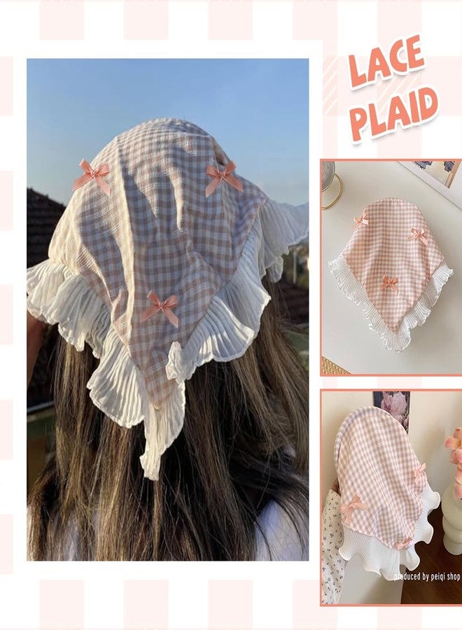 MAYCREATE® 2Pcs Headwear for Girls Stylishly Sweet Lace Headpieces Headscarf Headbands Lovely White Lace Headband Pink Plaid Bow Countryside Headscarf for Girls Fashion Hair Bandanas Headpieces - Image 5