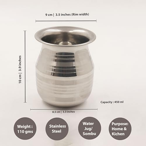 Spillbox Stainless Steel Lota | Kalash |Sombu | Theertha Sembu | Vessel |Jug | Karwachauth | Diwali | Mandir Wedding|Kamandal|Gangajal|Water Gangotri|Chambu[Weight:110g Capacity:450ml]- SS Sombu - Image 4