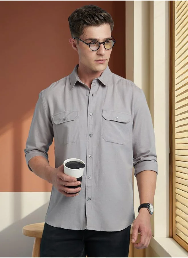 Dennis Lingo Regular Fit Light Grey Linen Cotton Viscose Solid Spread Collar Full Sleeve Shirts For Men