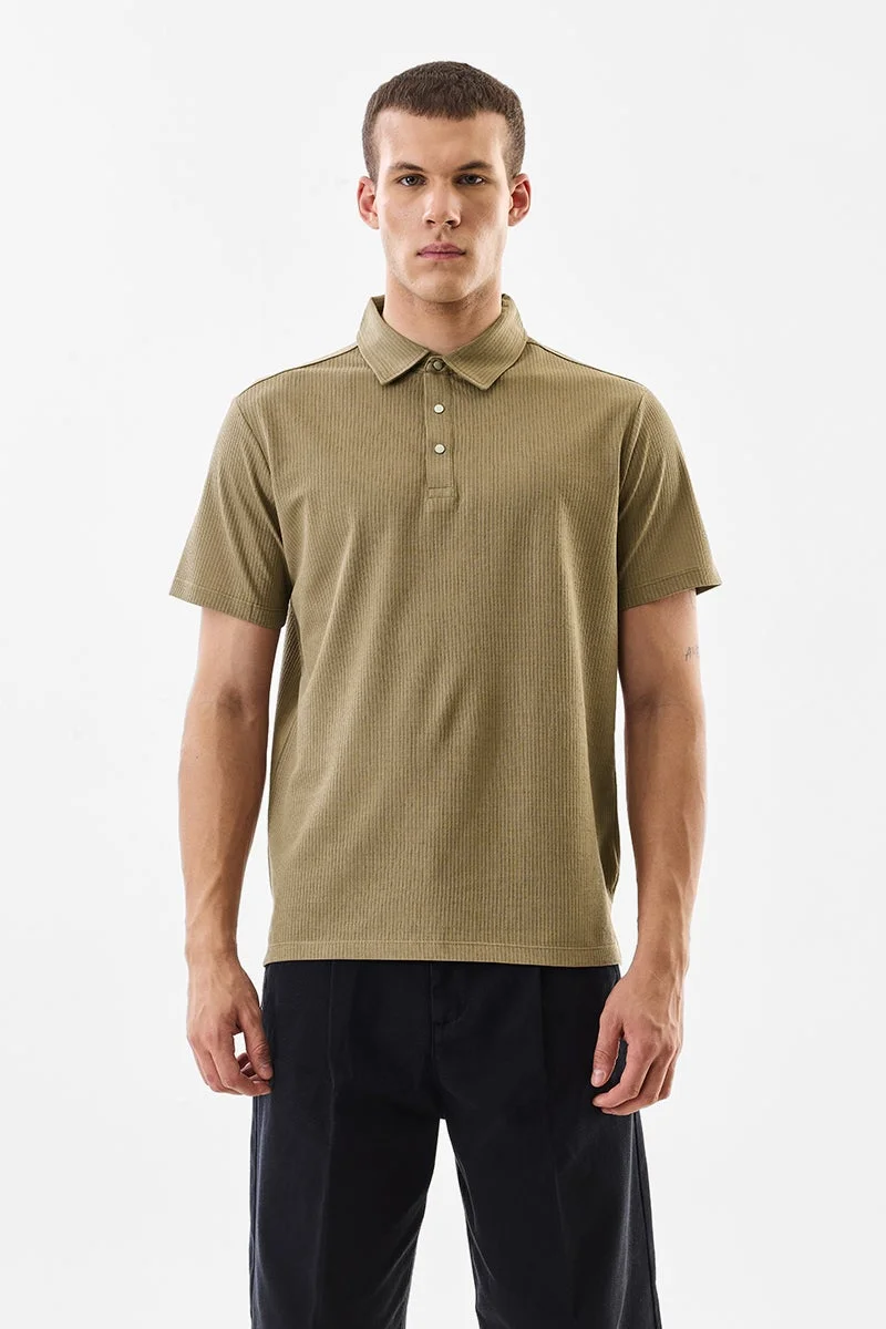 SNITCH Olive Ribbed Half Sleeve Regular Fit T-Shirt