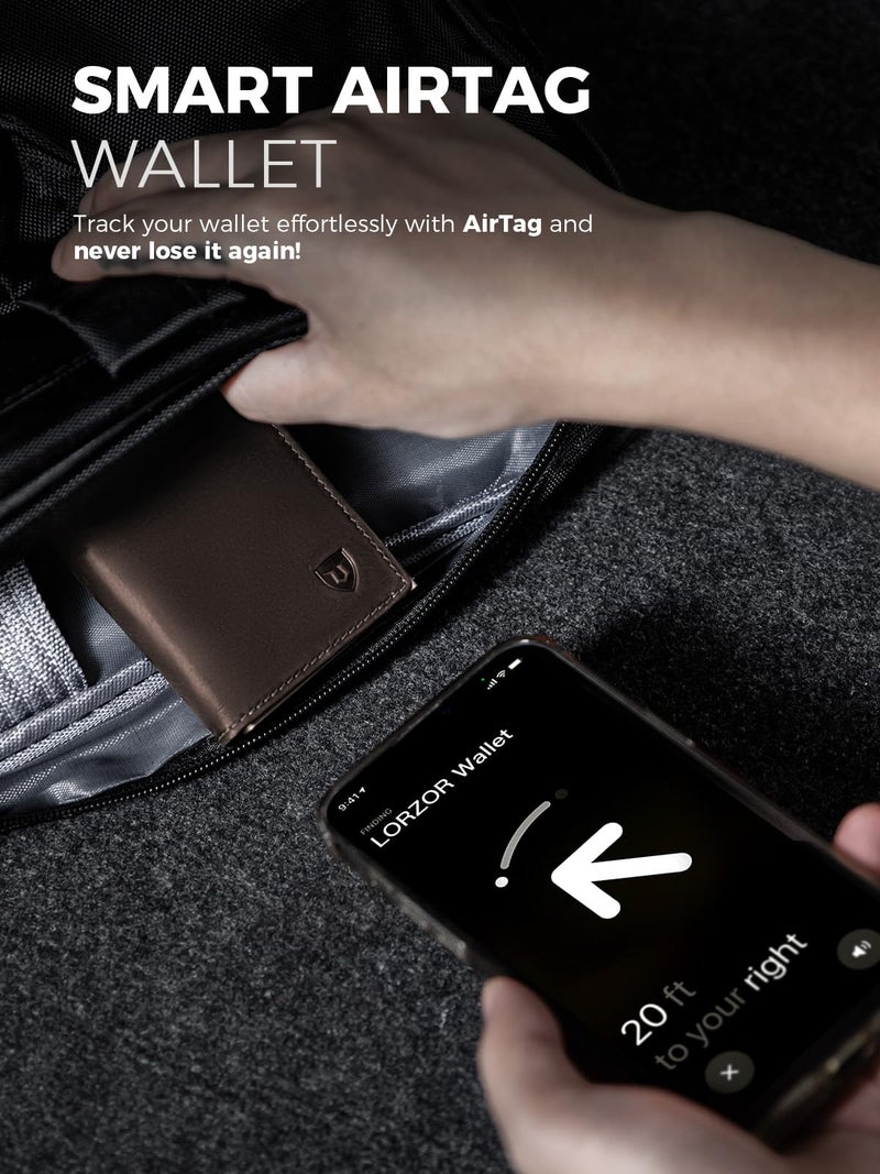 LORZOR محفظة LORZOR AirTag - جلد كامل الحبة، محفظة رجالية بسيطة مع حامل Apple Air Tag (الجيل الثاني)، علبة بطاقات ذكية رفيعة، نافذة هوية، حجب RFID، جيب أمامي (AirTag غير مشمول) - Image 5