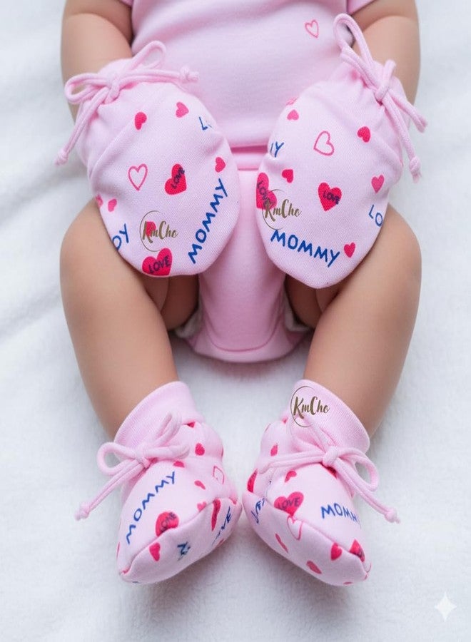 KmCho Newborn Baby Boy's & Girl's Soft Cotton Mittens and Booties Set/Soft Cotton Cloth Tying Knotted Kids Mittens and Booties (Multicolor, 0-6 Month) - Pack of 4 - Image 4