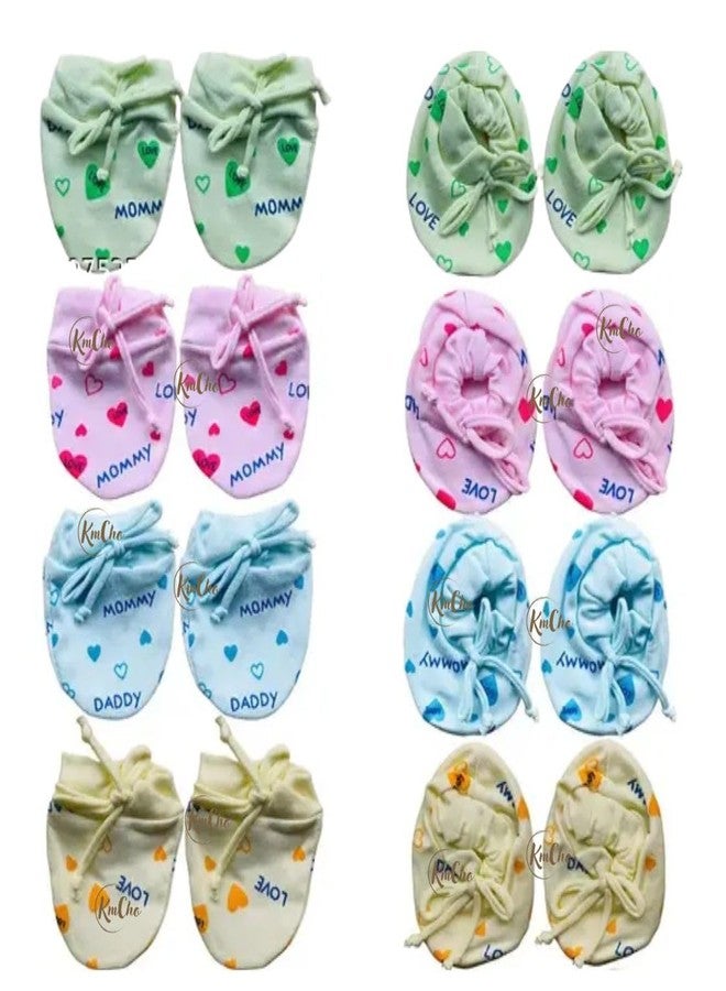 KmCho Newborn Baby Boy's & Girl's Soft Cotton Mittens and Booties Set/Soft Cotton Cloth Tying Knotted Kids Mittens and Booties (Multicolor, 0-6 Month) - Pack of 4 - Image 1