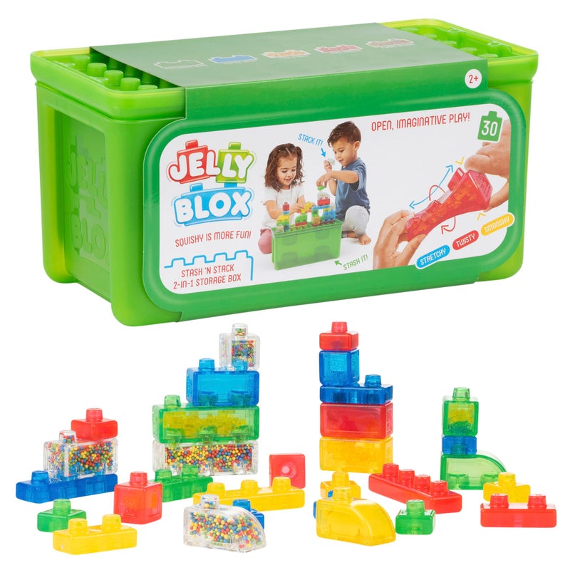 Jelly Blox Stash N Stack 2in1 Storage Case Including 30 Blocks Toddler Preschool Building Blocks Kids Can Squeeze Stretch Safety Tested OuchFree Tactile Sensory Play Toy for Ages 2