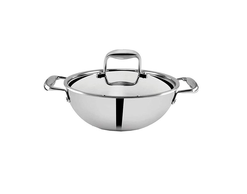 Shapes Stainless Steel Triply All Cooktop Wok Kadhai with Lid Size 24 cm Capacity 25 Litre - Image 1