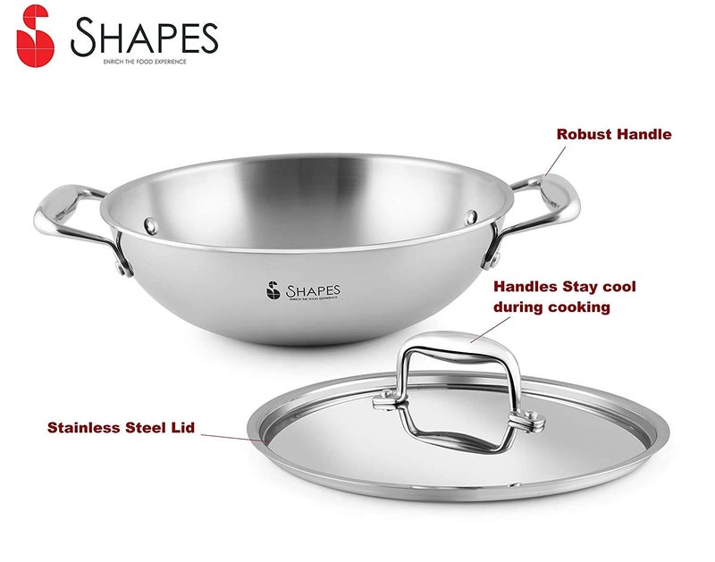 Shapes Stainless Steel Triply All Cooktop Wok Kadhai with Lid Size 24 cm Capacity 25 Litre - Image 2
