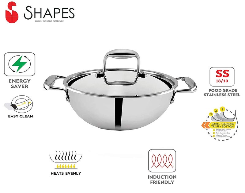 Shapes Stainless Steel Triply All Cooktop Wok Kadhai with Lid Size 24 cm Capacity 25 Litre - Image 3
