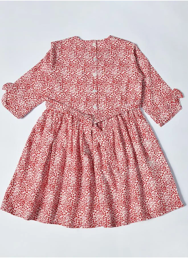 بيلا مودا Bella Moda Floral Print Gathered Cotton Dress with Bow Detail