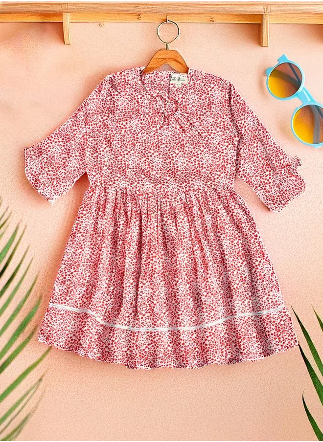 بيلا مودا Bella Moda Floral Print Gathered Cotton Dress with Bow Detail