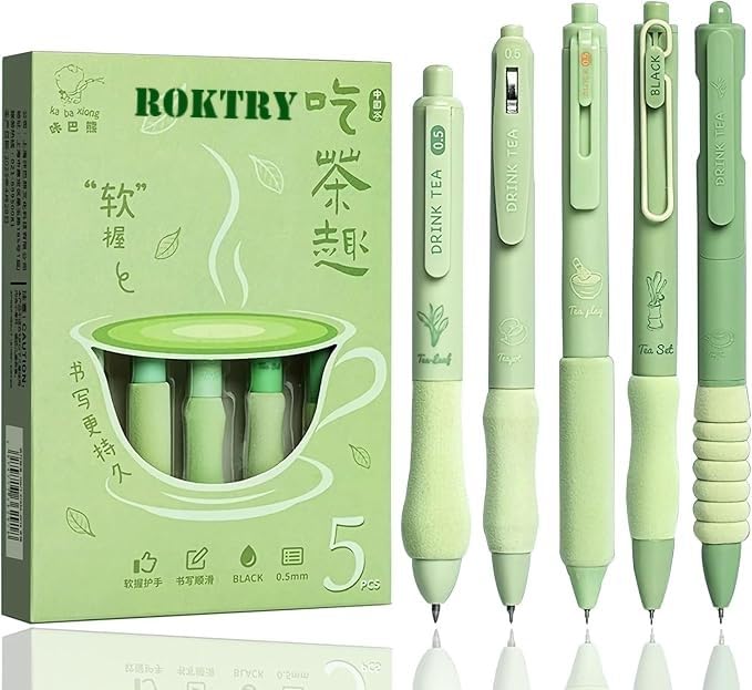 ROKTRY Cute Gel Pens 5pcs Retractable Quick Dry Ink Pens 0.5mm Fine Point Blue Ink Kawaii Smooth Writing Pens for School Office Supplies Aesthetic Pretty Pens (Green Tea) - Image 1