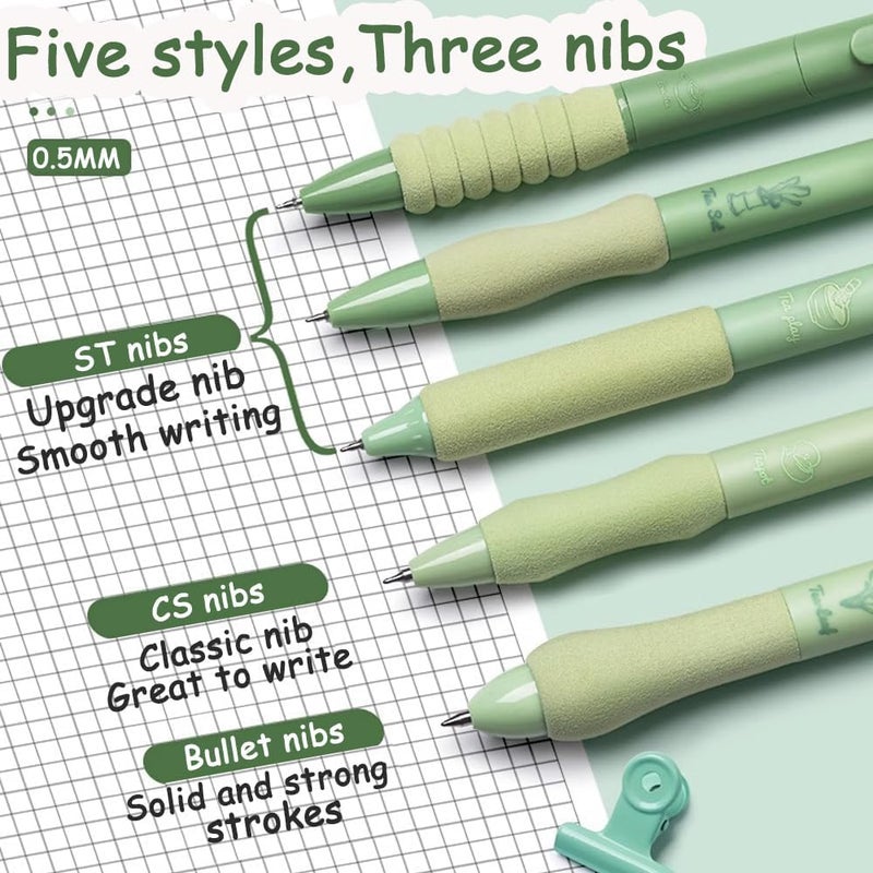 ROKTRY Cute Gel Pens 5pcs Retractable Quick Dry Ink Pens 0.5mm Fine Point Blue Ink Kawaii Smooth Writing Pens for School Office Supplies Aesthetic Pretty Pens (Green Tea) - Image 2