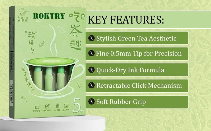 ROKTRY Cute Gel Pens 5pcs Retractable Quick Dry Ink Pens 0.5mm Fine Point Blue Ink Kawaii Smooth Writing Pens for School Office Supplies Aesthetic Pretty Pens (Green Tea) - Image 3