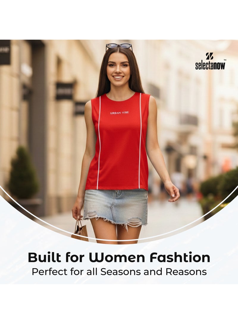 Selecta Now Women's Urban Vibe Printed Workout Tank Top Sleeveless Red T-Shirt for Gym, Yoga, and Sports Stretchy Contrast Piping Athletic Top For Ladies - Image 3
