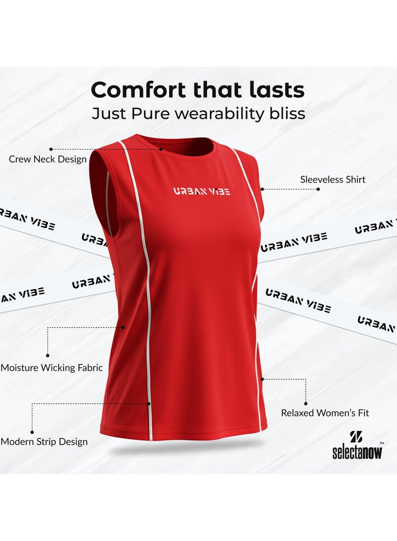 Selecta Now Women's Urban Vibe Printed Workout Tank Top Sleeveless Red T-Shirt for Gym, Yoga, and Sports Stretchy Contrast Piping Athletic Top For Ladies - Image 4