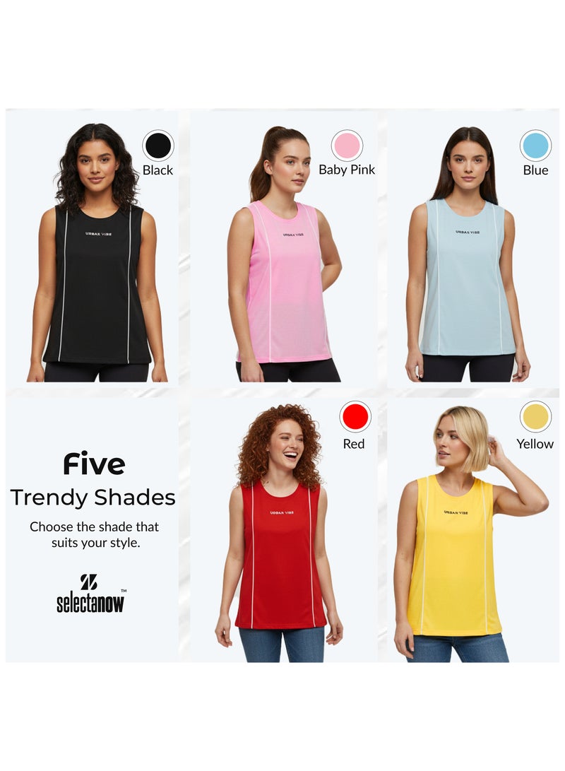 Selecta Now Women's Urban Vibe Printed Workout Tank Top Sleeveless Red T-Shirt for Gym, Yoga, and Sports Stretchy Contrast Piping Athletic Top For Ladies - Image 5