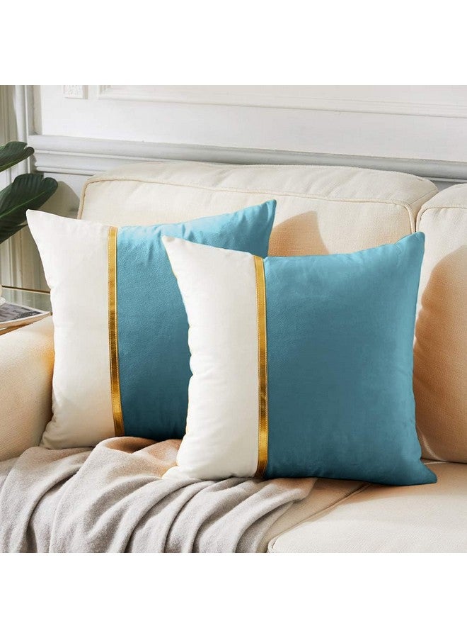 AEROHAVEN™ Set of 2 Premium Velvet with Gold Stripe Decorative Throw Pillow/Cushion Covers with Invisible Zipper - (24 x 24 Inch, Aqua) - Image 1