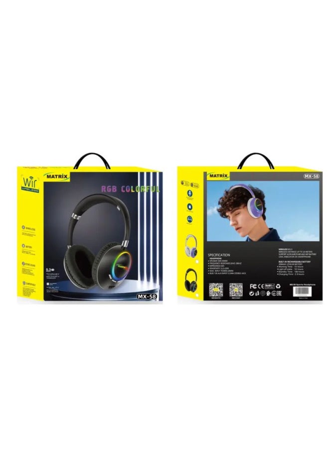 MATRIX Matrix Wireless Headphones With RGB Lights - 400 maAh - Black - MX-58  - Image 1