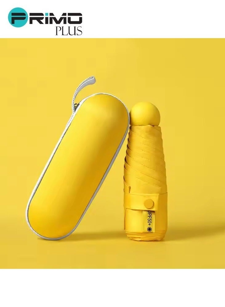 بريمو بلس مظلة صغيرة قابلة للطي بتصميم كبسولة , مظلة صغيرة مع حافظة كبسولات UPF50 للأيام الممطرة والمشمسة باللون الأصفر - Image 4