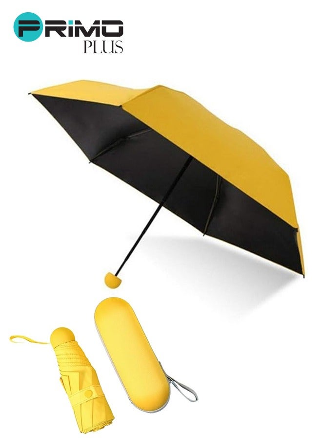 بريمو بلس مظلة صغيرة قابلة للطي بتصميم كبسولة , مظلة صغيرة مع حافظة كبسولات UPF50 للأيام الممطرة والمشمسة باللون الأصفر - Image 1