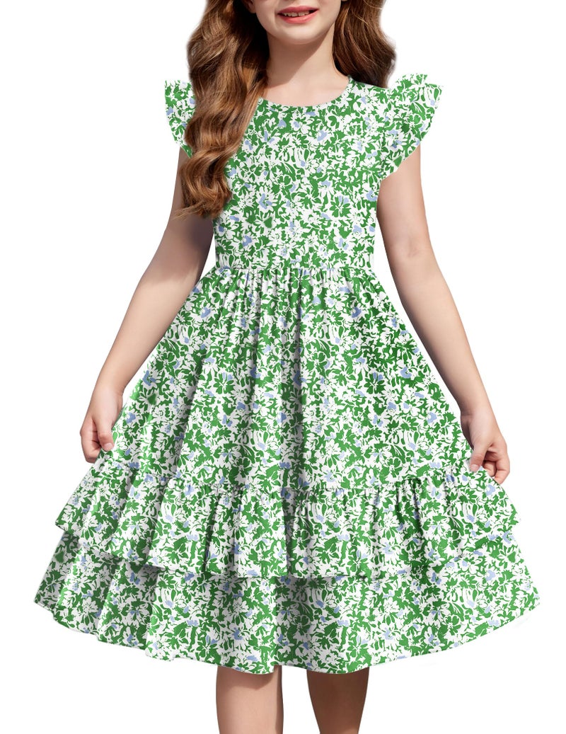 Arshiner Girl's Ruffle Sleeve A Line Short Dress with Pockets for 5-12 Years Green Flower - Image 1