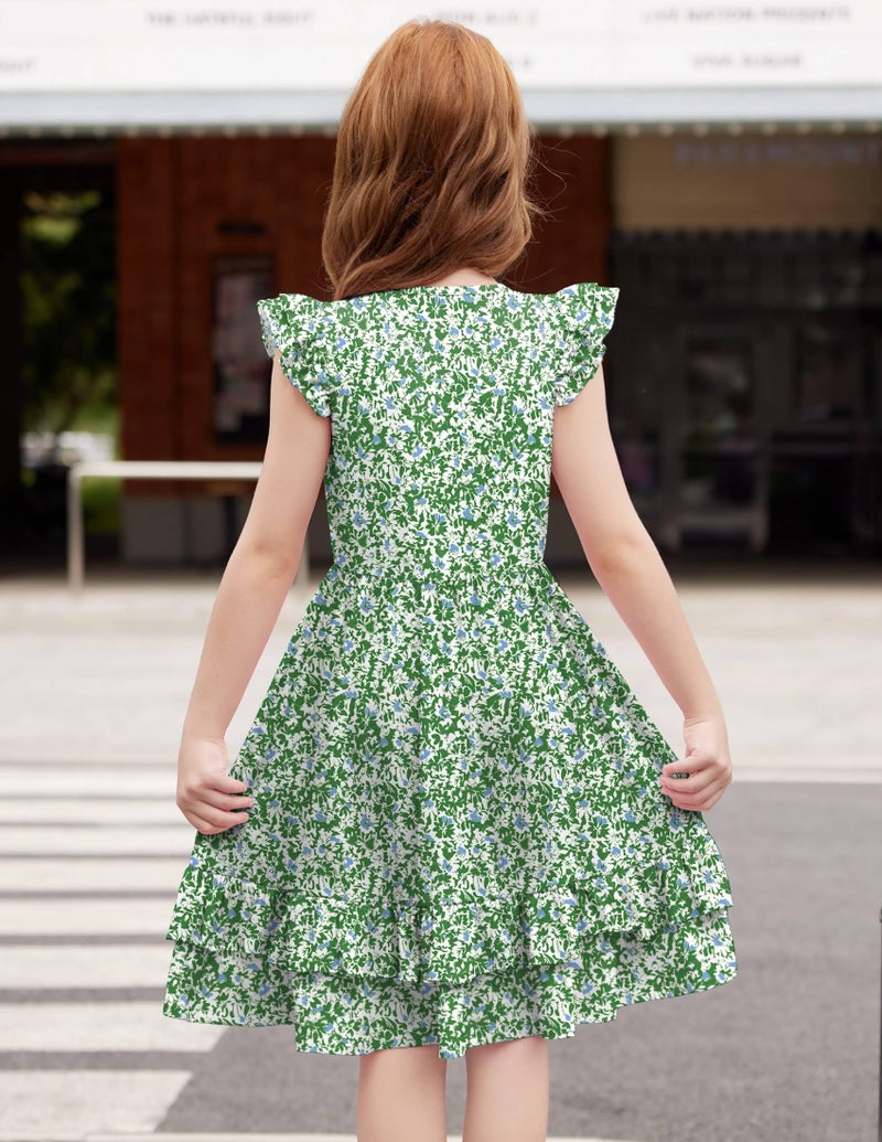 Arshiner Girl's Ruffle Sleeve A Line Short Dress with Pockets for 5-12 Years Green Flower - Image 4