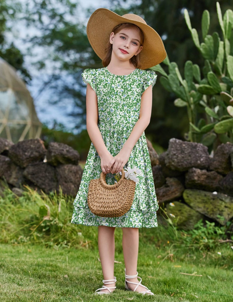 Arshiner Girl's Ruffle Sleeve A Line Short Dress with Pockets for 5-12 Years Green Flower - Image 5