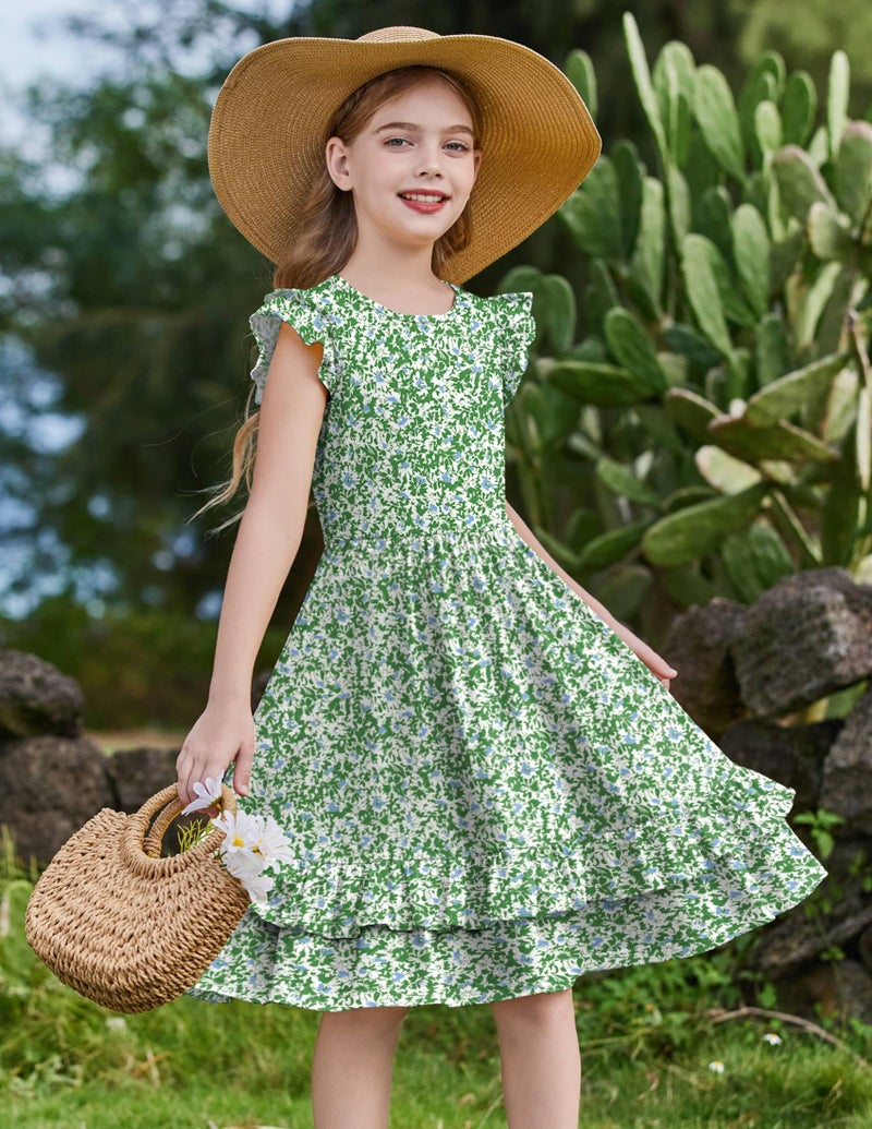 Arshiner Girl's Ruffle Sleeve A Line Short Dress with Pockets for 5-12 Years Green Flower - Image 2
